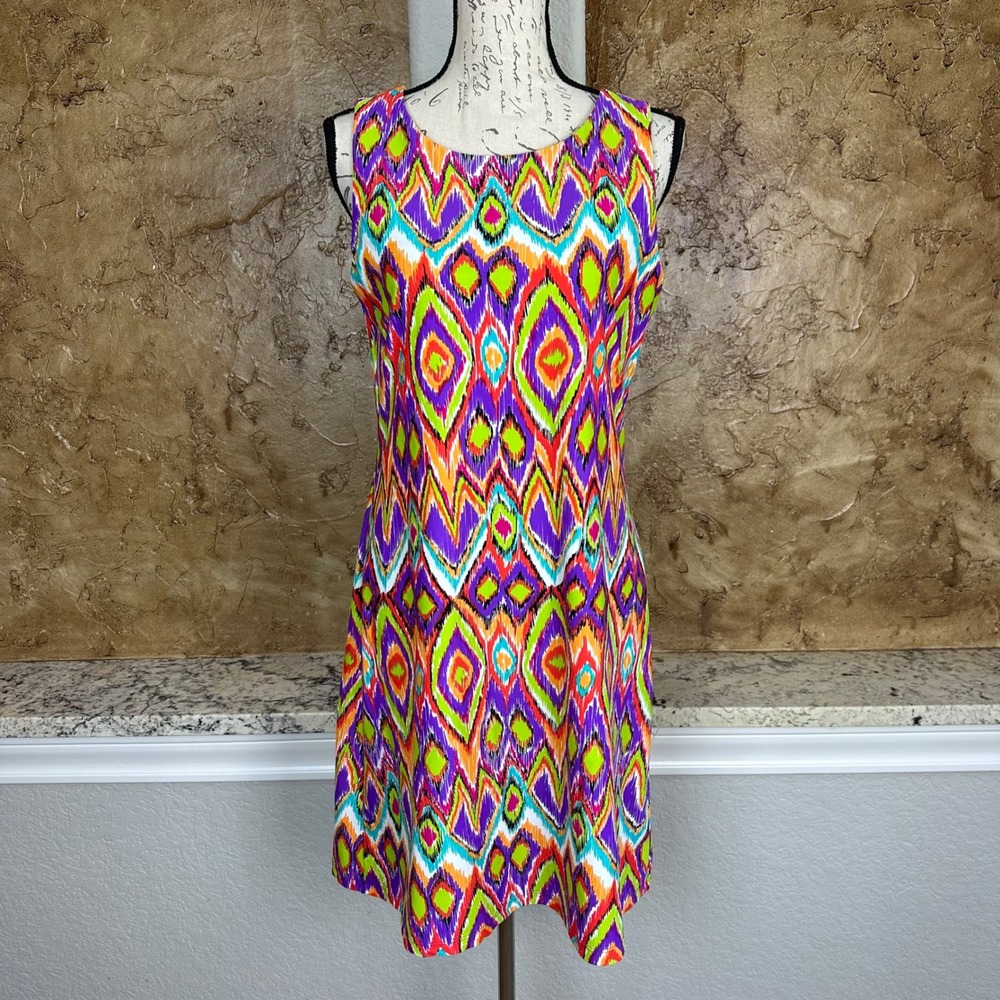 Jude Connally Multicolor Print Sleeveless Dress Womens Medium‎ Stretch Fit Flare